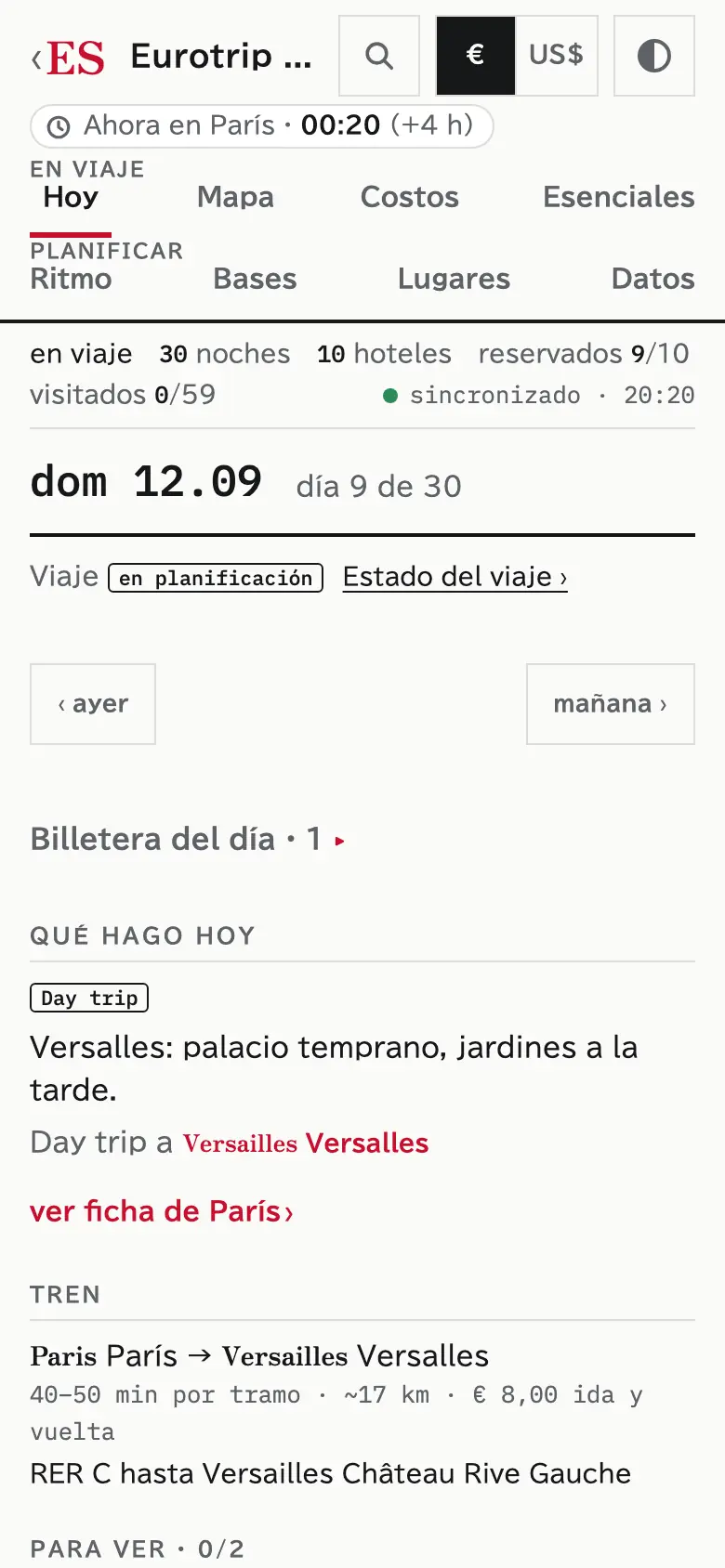 Captura de la vista Hoy: el plan del día de un viaje de demostración, con la excursión del día y el tren.