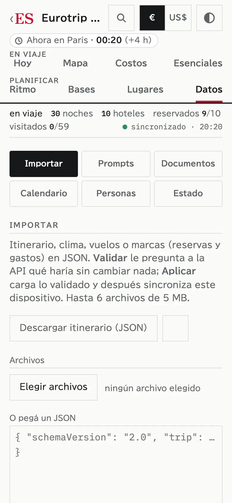 Captura de la pantalla Importar: se elige el archivo JSON del itinerario y se valida antes de aplicarlo.