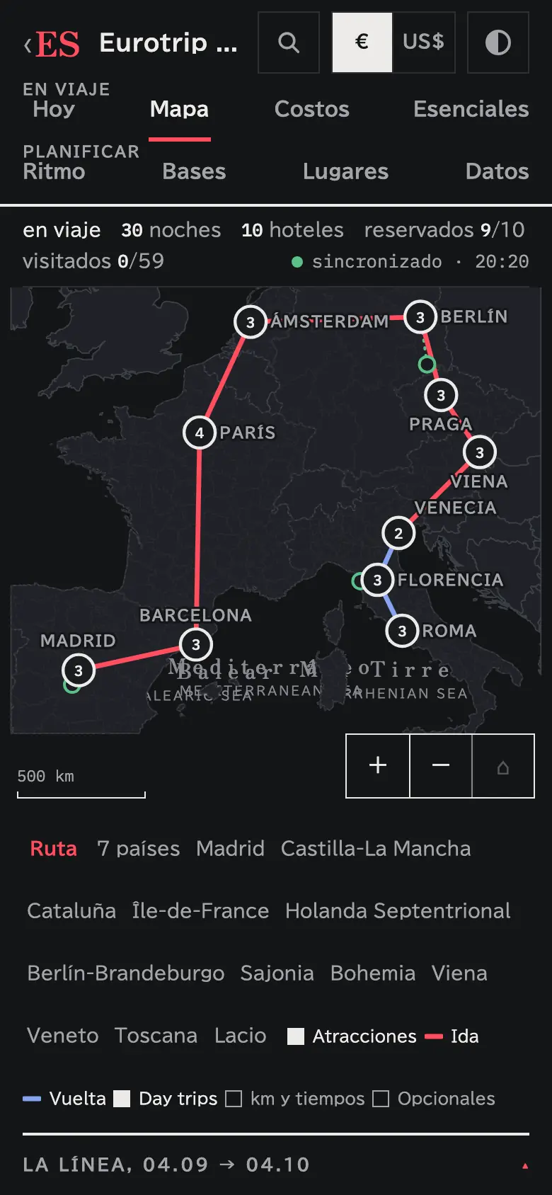 Captura del mapa de la ruta de un viaje de demostración por Europa, con las bases numeradas.
